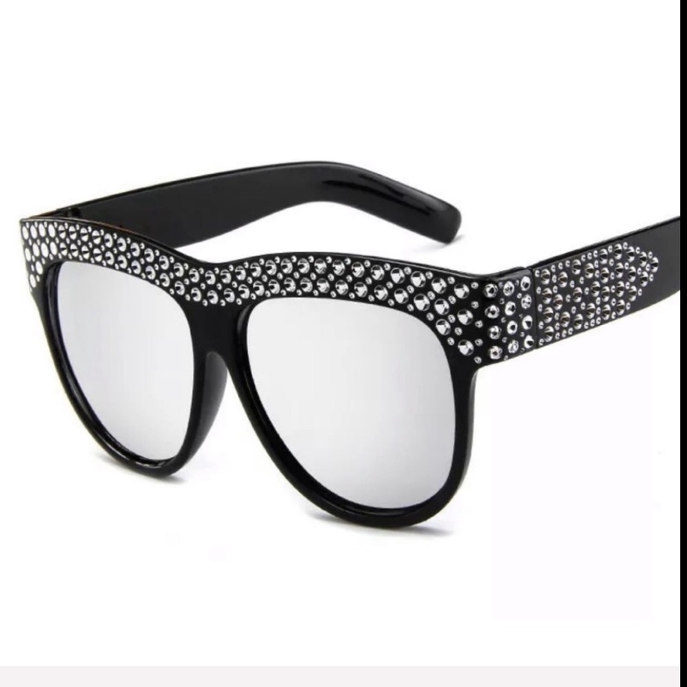 New Oversized Black Sunglasses with Bold Rhinestones, Mirrored Lenses, NWOT